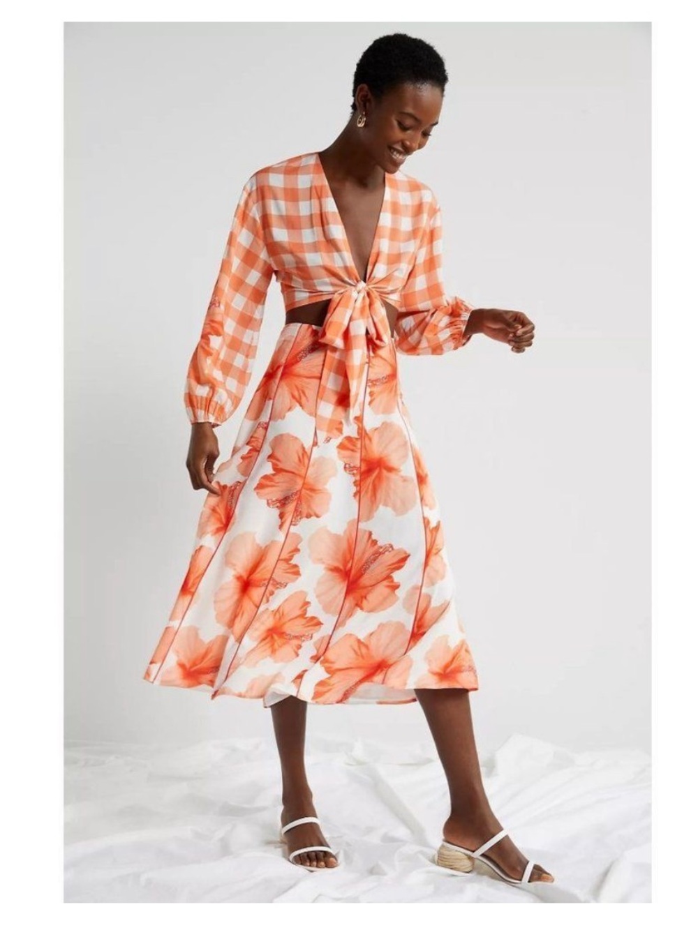Farm Rio Anthropologie Orange Gingham Floral Set Size Medium
